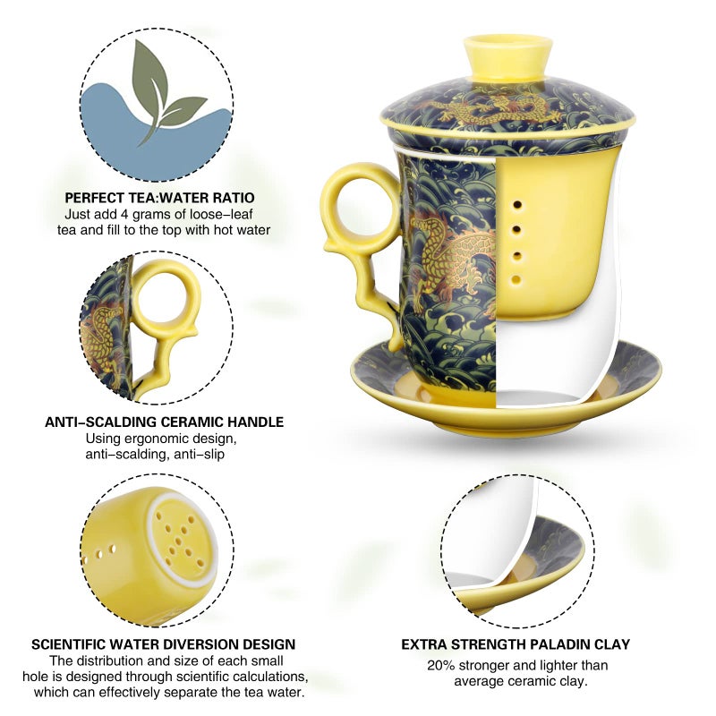 YURROAD Chinese Dragon Pattern Tea-Mug with Strainer Infuser and Lid and Saucer Ceramic Tea Mug Convenient System Chinese Porcelain Personal Tea Cup 13.5oz(400ml) - DARK GREEN TC400 - Image 4